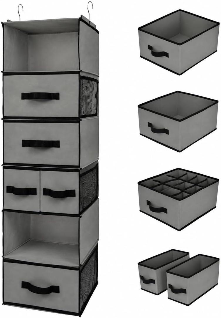 GRANNY SAYS Hanging Closet Organizer 6 Shelves, Closet Organizers and Storage with 5 Drawers, 6 Side Pockets Closet Hanging Organizer, Hanging Storage Organizer for Closet, Baby Clothes, Gray (Inseparable)