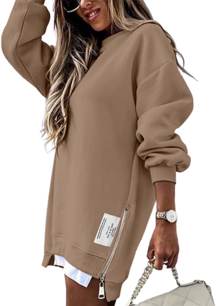 CHICME Womens Long Sleeve Zipper Slit Oversized Sweatshirt Casual Pullover Zipper Hoodies Fall Clothes (Medium, Brown)
