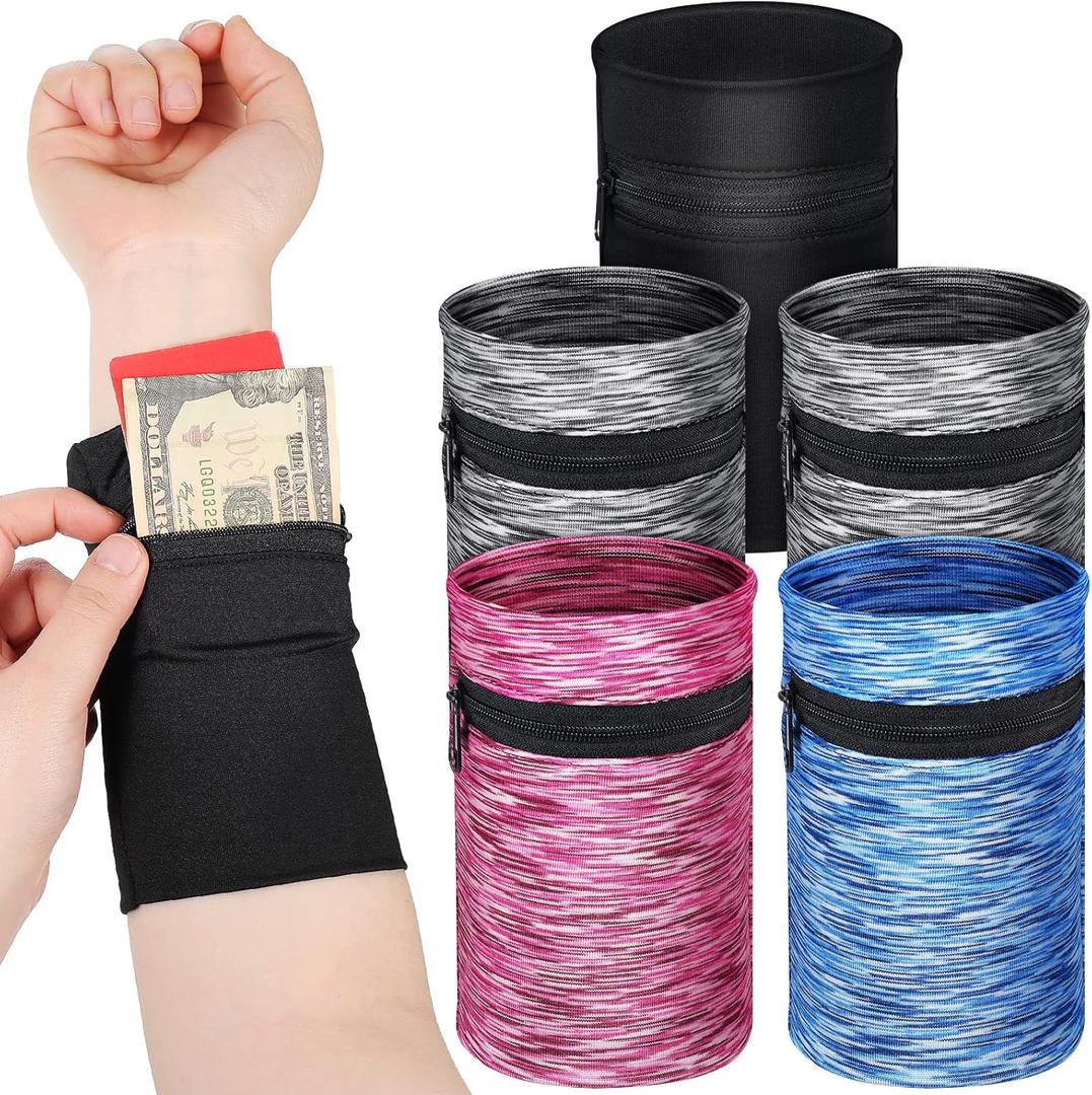 Honoson 5 Pcs Wrist Wallet for Women Men, Wristband with Zipper Wrist Pouch Purse for Travel Jog Running Walking Hiking Elasticity Sweatband Ankle Wallets for Keys Cash Card ID Money Storage Bags