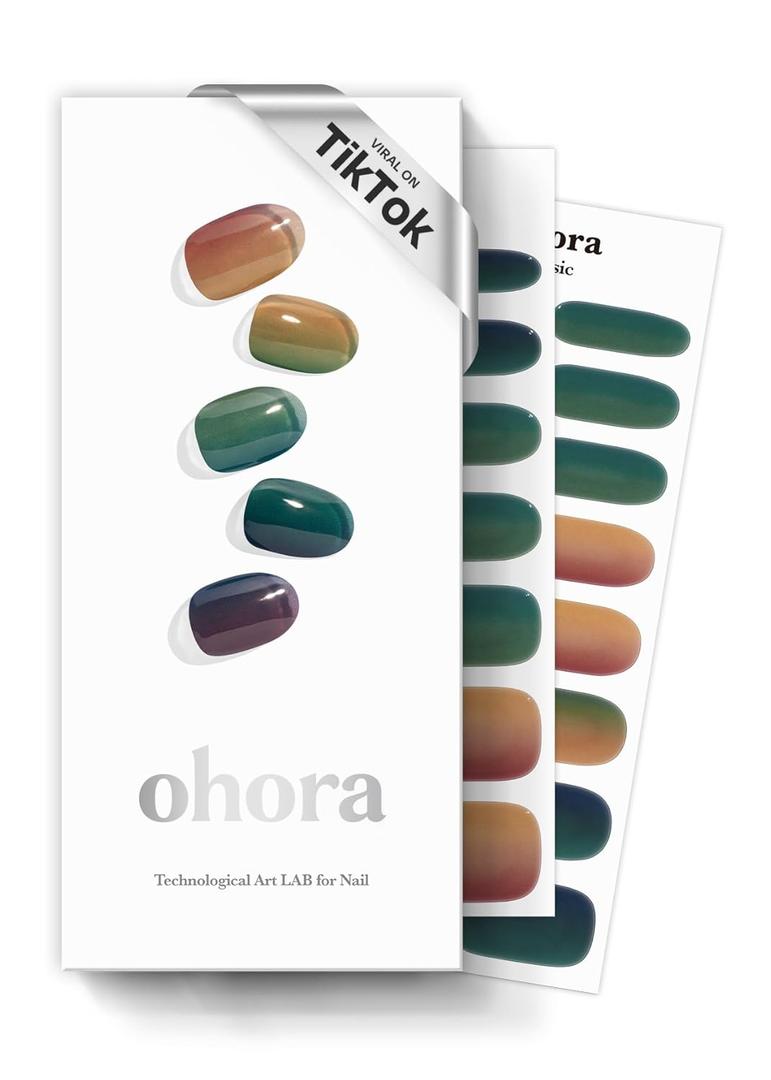 ohora Semi Cured Gel Nail Strips (N Autumn Ombre) - Green/Brown Works with Any UV/LED Lamps, Salon-Quality, Long Lasting, Easy to Apply & Remove - Includes 2 Prep Pads, Nail File & Wooden Stick