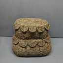 Set of 2 Hand Round Wicker Storage Baskets, Rattan Basket Decorative Boxes, Woven Storage Box Seagrass Baskets with Lids, Scalloped Edge Wicker Basket with Lid