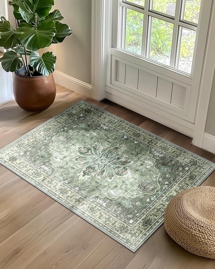 Area Rugs 2'x3' Washable Non-Slip, Floral Vintage Distress Print Pattern Medallion Carpet for Living Room Bedroom Dining Room, Dark Green Gray