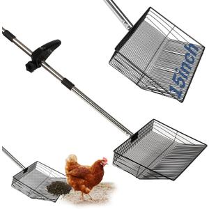 15" Extra-Wide Chicken Poop Scooper  Ergonomic Adjustable Handle (24-70in), Stainless Steel Sifting Shovel Deep Litter Cleaning for Chicken Coops, Goat - Chicken Coop Scoop for Sand, Straw, Hemp