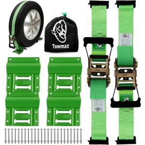 UTV Wheel Chock Tie-Down Kit - 4,500lb Break Strength Heavy Duty Trailer Tire Straps System - 2Pack 2" x 8' E Track Ratchet Straps for SXS, UTV, ATV, Lawn Mower (Bright Green)