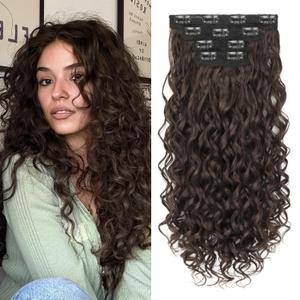 Curly Clip In Hair Extensions, 4PCS 20 Inch Chocolate Brown Extensions Clip Ins, Lace Weft Short Curly Invisible Natural Hairpieces for Women