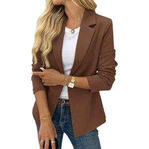 ELLEVEN Women’s Business Casual Open Front Blazers, Stretchy Knit Long Sleeve Blazer Work Office Suit Jackets (Brown, XXL)