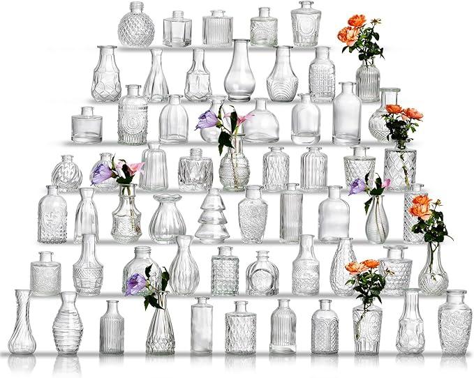 Glass Bud Vase Set of 60 - Small Vases for Flowers in Bulk - Assorted Vintage Crystal Vases for Flowers, Table Centerpieces (Clear, 60 Pcs)