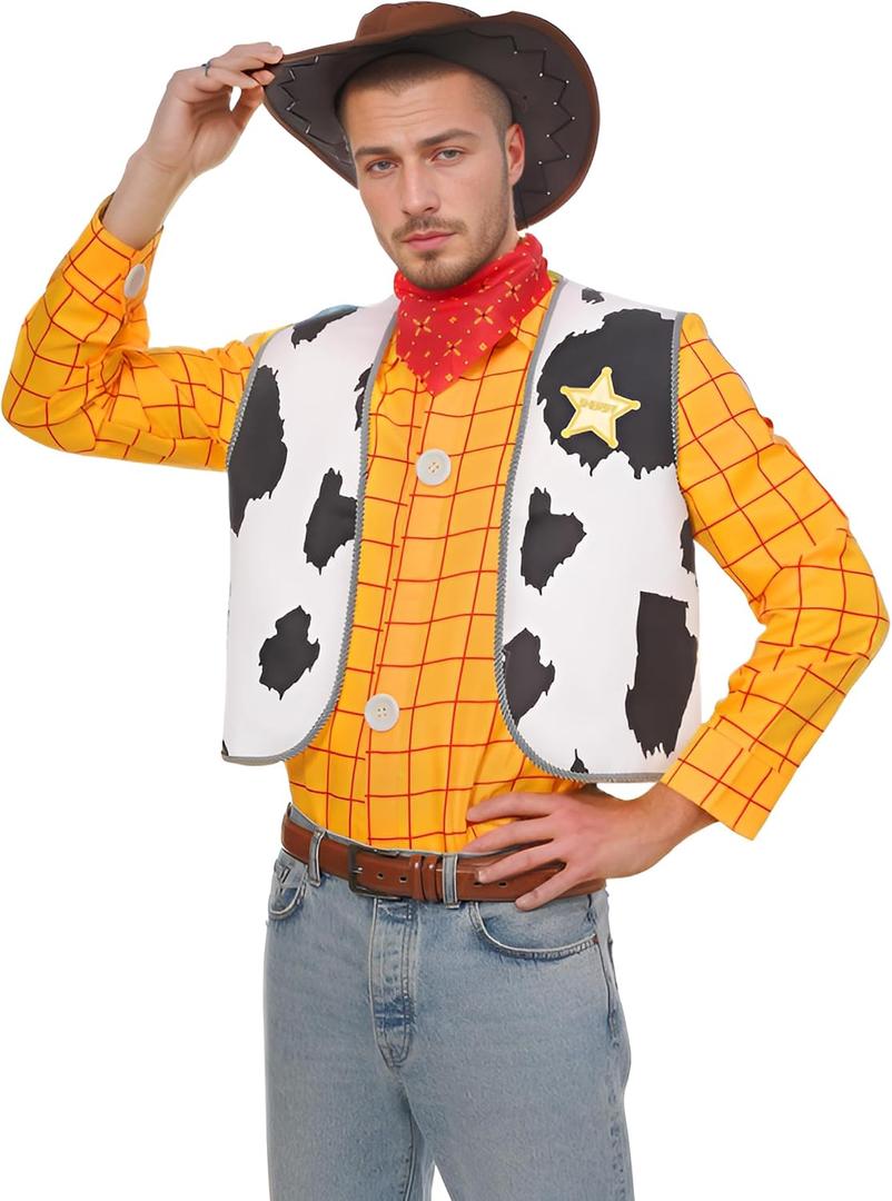 Cowboy Costume Tartan Shirt Men's Lapel T-Shirt Button Down Vest Scarf (Medium)