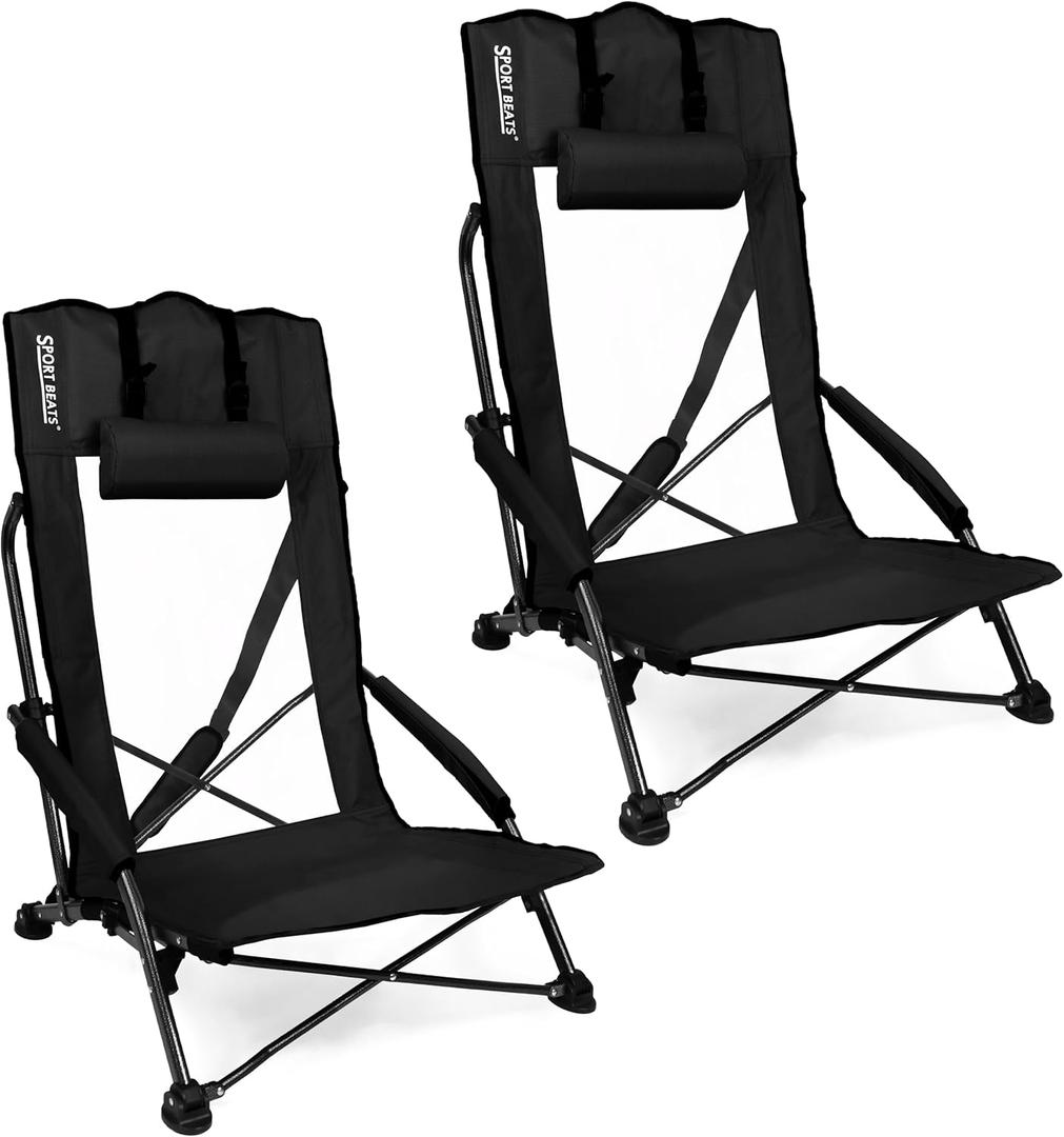 SPORT BEATS Low Beach Chairs Set of 2 Folding Beach Chairs High Back Support with Head Pillows Shoulder Straps (Black)