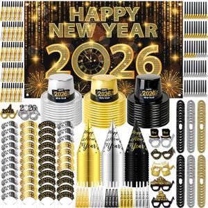 MOVINPE 2026 New Years Eve Party Supplies Bulk Set Serve 36, Cone Hats, Tiaras, Photo Booth Glasses Props, Squawkers, Blowouts, New Year's Party Favors Event Supplies for Kids Adults