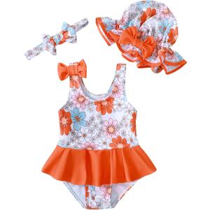 Saeaby Newborn Baby Girl Swimsuit Toddler Ruffle Swimsuit Bikini Tankini Infant Swimwear One Piece Bathing Suits for Girls (18-24 Months, Flower Orange)