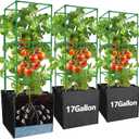 3 Packs 47 x 16 x 16 Inch Garden Tomato Cages with 17 Gallon Grow Bags- Square Plant Support Trellis Assembled with Planter Bags- Garden Cucumber Vegetables Frames for Vertical Climbing Plants