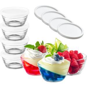 16pc Set of Small Glass Bowls with Airtight Lids - 8oz Stackable Custard Cups - 8 Clear Mise en Place Food Prep Bouillon Cups & Mixing Bowls + 8 Lids for Sauces Dips, Nuts Oats, Candy Dessert, Cereal.