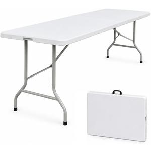 8ft Folding Table, Portable Plastic Table with Handle, Heavy Duty Fold in Half Utility Table for Indoor & Outdoor Use, Suitable for Camping, Picnic, Wedding, Parties, and BBQs - White