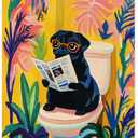 Koesus Funny Black Pug Pooping Bathroom Wall Art Poster Hanger Frame 12x16 Inch, Maximalist Dopamine Tropical Botanical Pug Canvas Pictures Prints Framed Wall Decor for Bathroom Toilet Washroom