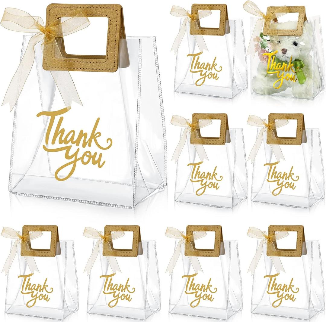 Sabary 12 Pcs Clear Gift Bags with Handle Thank You Gift Handbags Transparent PVC Wrap Bags Reusable Heavy Duty Totes for Bridal Party Baby Shower Wedding Birthday 7 x 4 x 8 Inch(Gold)