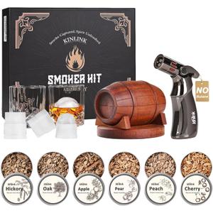 Whiskey Smoker Kit with Torch - No Butane, 6 Flavors Wood Chips, 2 Whiskey Glasses, 2 Round Ice Cube Mold, Old Fashioned Smoker Kit Cocktail Smoker Drink Smoke, Anniversary Birthday Gifts for Men Dad