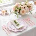 COLOSUS 150pcs Disposable Pink and White Stripped Plastic Plates and Silverware set, Light Pink Dinner/Dessert Plates silverware serve 30guests for Easter Day, Wedding Party and Daily use.