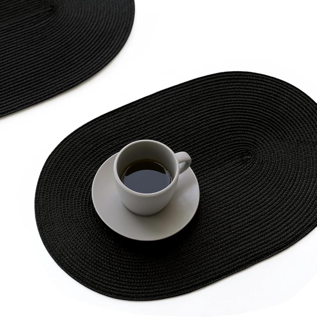 FunWheat Oval Braided Placemats Set of 8 Table Mats for Dining Tables Washable Heat Resistant Place Mats for Indoor Outdoor Use 12 x17.5 Inch(Oval Black, 8pcs)