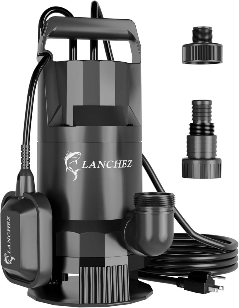 LANCHEZ 1.6 HP Sump Pump Submersible 4858GPH High Flow with Automatic Float Switch, Clean/Dirty Transfer Water Pump with Long Cord for Swimming Pool Garden Basement Tub Pond