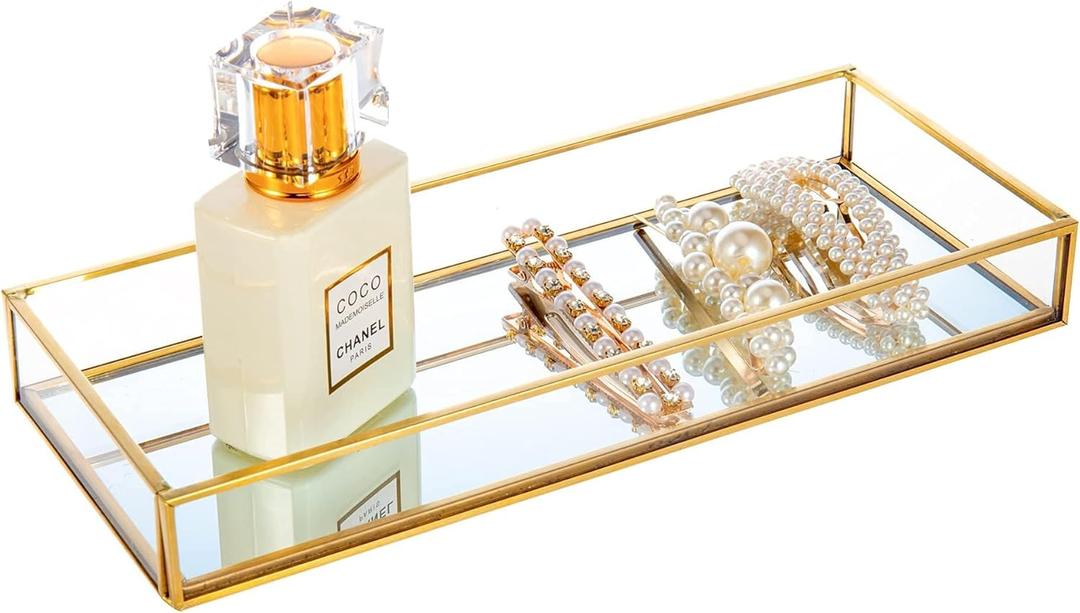 Feyarl Gold Clear Glass Vanity Tray Jewelry Trinket Rings Earrings Organizer Perfume Collection Display Decorative Tray Anti-Mirror Surface for Dresser Room Drawer Office Table Top (9.84 x 3.93inch)