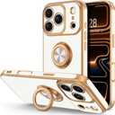 Hython for iPhone 17 Pro Max Case with Ring Stand, 360 Rotatable Ring Holder Magnetic Kickstand, Plating Rose Gold Edge Soft Cover Protective Phone Case for iPhone 17 Pro Max 6.9", White