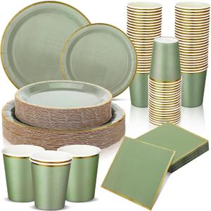 Dandat Sage Green Dinnerware Set - 200 Pcs, Party Supplies Including 50 7'' & 9'' Paper Plates, 50 Paper Cups & Napkins for Baby Shower, Wedding & More (Gold Rim)