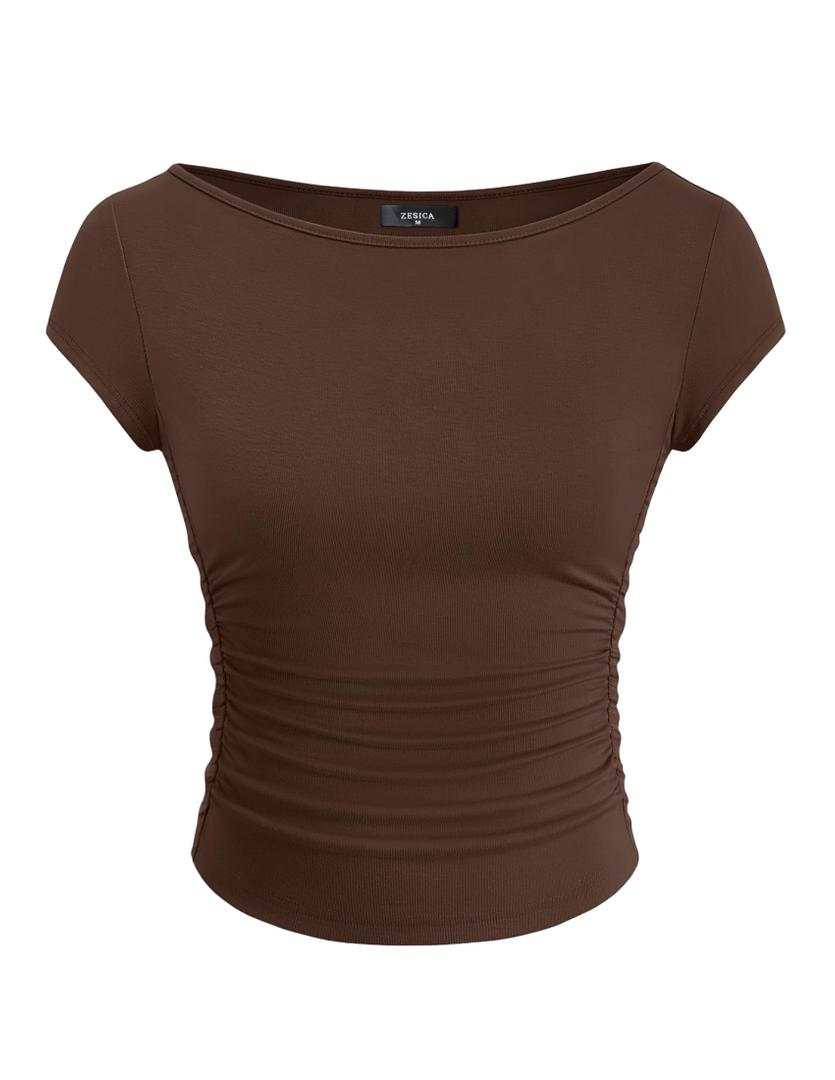 ZESICA Women's Summer Boat Neck Short Sleeve T Shirts 2026 Spring Slim Fit Y2k Going Out Crop Tops Basic Trendy Outfits, Brown, XL (Brown, XL)