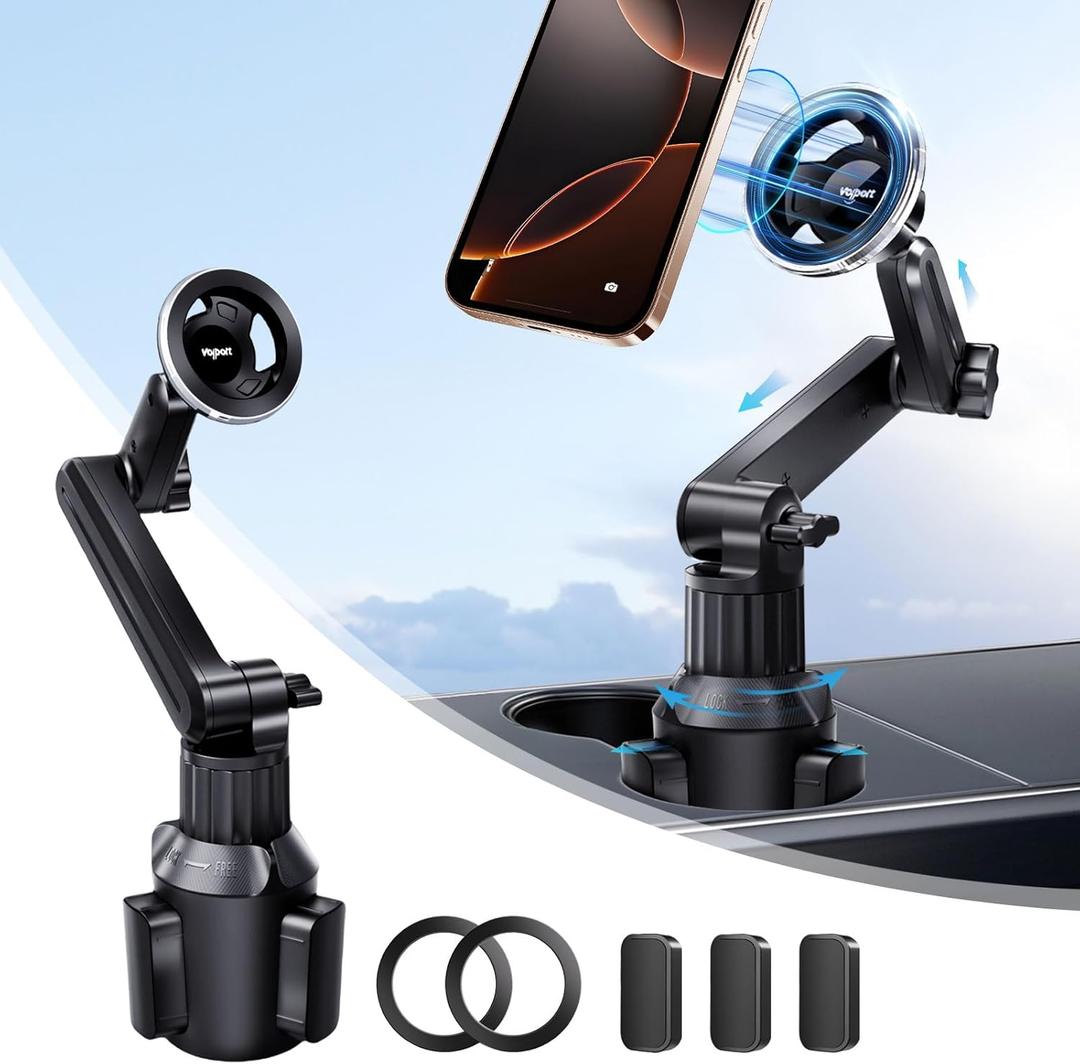 volport for MagSafe Cup Phone Holder: Magnetic Cupholder Car Mount for Tesla Truck Vehicle SUV - 360 Adjustable Long Neck Mag Safe Cell Phone Cradle with Expandable Base for iPhone Samsung Google