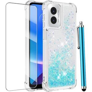 for Moto G Play 2024 Case with Screen Protector, Women Girls Cute Glitter Bling Liquid Floating Phone Case Slim TPU Silicone Shockproof Cover for Motorola Moto G Play 2024 -Blue