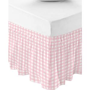 Pink Buffalo Plaid Bed Skirt Queen Size 18 Inch Drop, Adjustable Elastic Bedskirt Dust Ruffle for Queen Bed, Farmhouse Pink White Checkered Wrap Around Bed Skirts Luxurious Pleated Bed Frame Cover