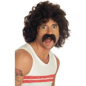 Fun Shack Men's Curly Brown Wig & Moustache Set Adult Costume (One Size, Black)