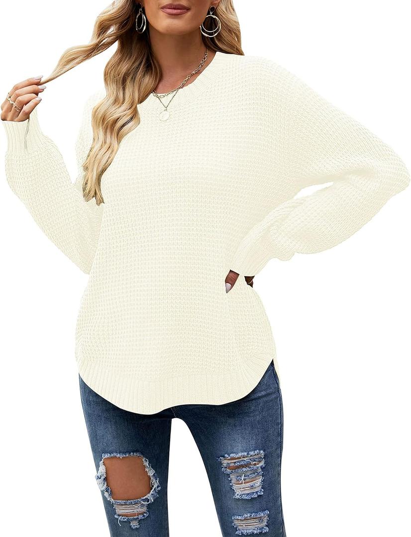 MEROKEETY Women's Winter Fall Long Sleeve Tunic Sweaters 2026 Casual Trendy Crew Neck Waffle Knit Pullover Tops Jumper (XX-Large, Cream)