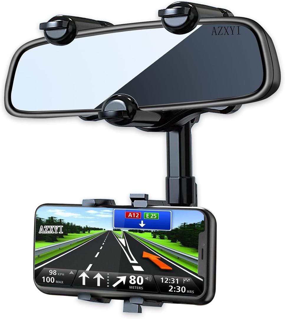 AZXYI Rearview Mirror Phone Holder for Car, 360 Rotating Rear View Mount with Adjustable Arm Length, Multifunctional and GPS Universal Car All Smartphones