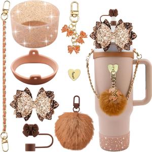 Bling Stanley Cup Accessories for 40oz & 30oz Tumbler including Silicone Cute Bow Straw Topper Cover, Silicone Stanley Cup Boot,Leather Water Bottle Handle Strap, Charms(Brown) (A2-Gold Brown)
