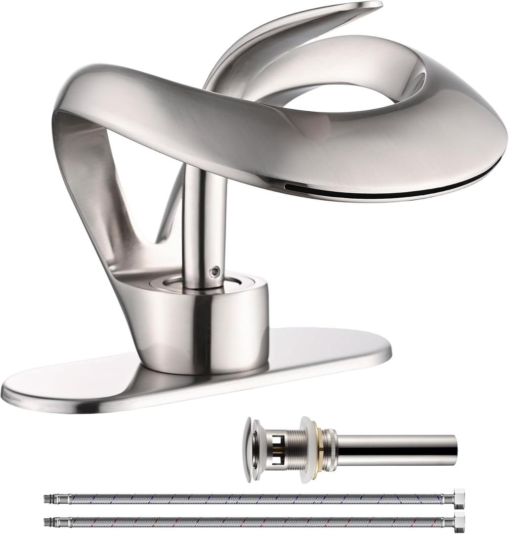 Elegant Bathroom Sink Faucet Single Hole,AUU Waterfall Brushed Nickel Vanity Sink Faucet Solid Brass,Single Handle Basin Tap with Pop Up Drian Deck Plate Supply Line (Brushed Nickel, Short)