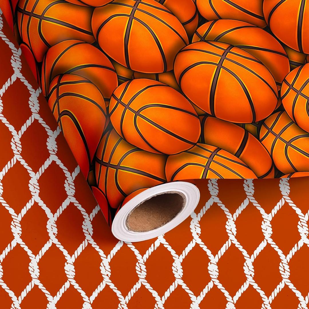 Vnaaem Reversible Basketball Wrapping Paper Roll for Kids Boys Girls - Classic Basketball & Busket Themed Design Sports Gift Wrap for Birthday Sports Holiday Parties(Total 28.5 sq.ft)