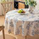 Qidordour Round Tablecloth, 48 inch Diameter, Faux Linen Table Cloth, Water Resistant Spill-Proof Wipeable Polyester Dining Table Cover for Kitchen Cafe Buffet Tabletop Decoration, Vintage Blue Floral