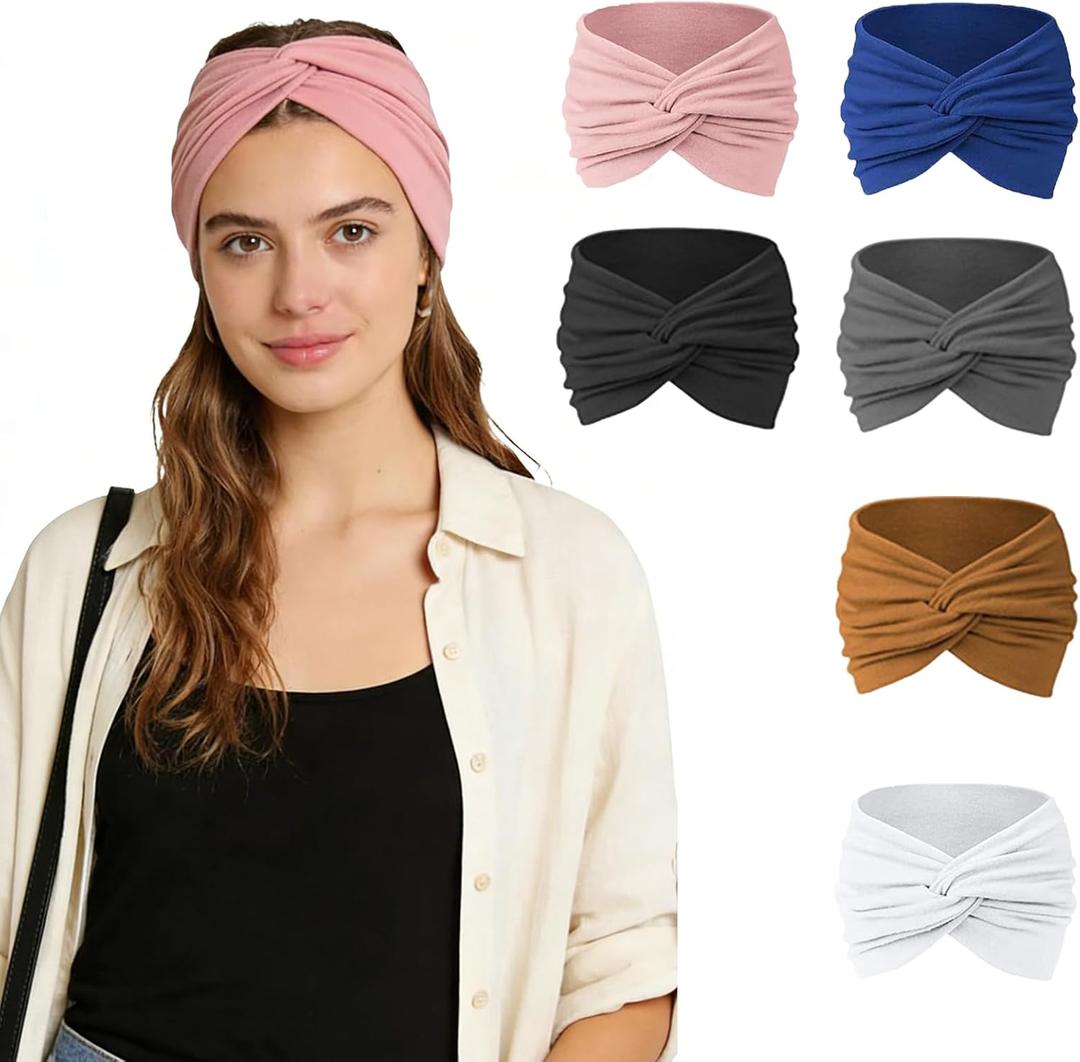 Headbands for Women, 6 Pack, Non-Slip Wide Elastic Thick Hair Bands, Soft Cotton Twist Knotted, Sports Sweat Accessories for Spa Workout Running Gym