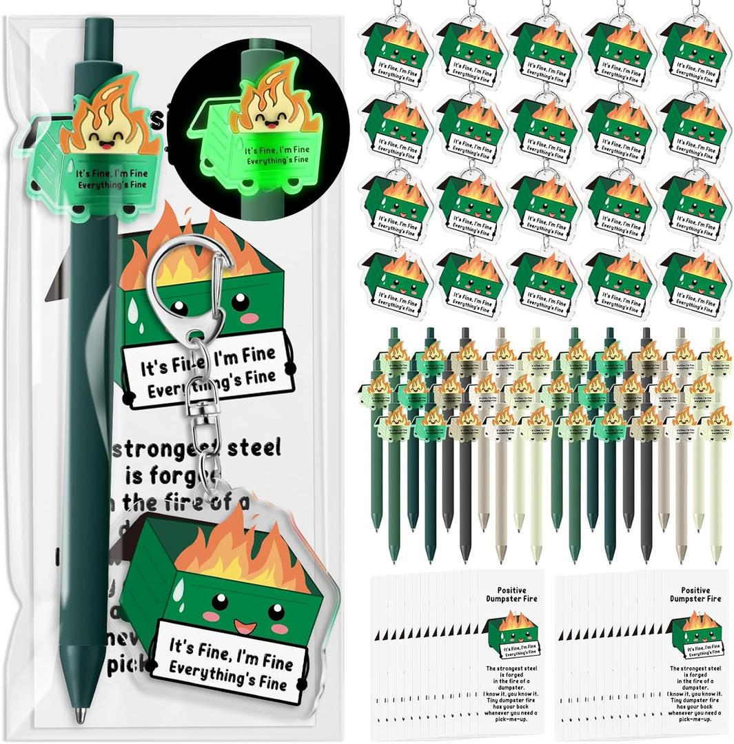 30 Sets Positive Dumpster Fire Inspirational Teacher Nurses Employee Appreciation Gifts Bulk Luminous Ballpoint Pens Acrylic Keychains Bookmarks Emotional Gift for Graduation Coworker