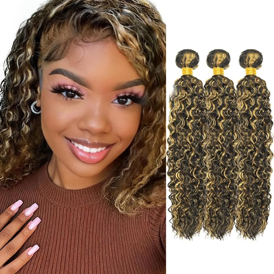 P1B/27 Ombre Two Tone Black Mixed With Honey Blonde 3 Bundles Human Hair Bundles Jerry Curly Human Hair Brazilian Virgin Human Hair Extensions Unprocessed Hair Bundles for Women 16 18 20 Inch 300g