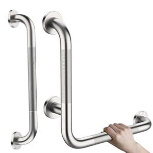 16 Inch Angled Grab Bar, iHansee Anti Slip L-Shaped Shower Grab Bar w/ 16 Inch Straight Bathroom Balance Bar, Knurled Stainless Steel Safety Handle for Seniors Elderly Injury Handicap, Matte Black
