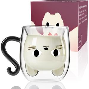 PARACITY Cute Cat Mug, Double Wall Glass Cute Cup with Handle 8.5 OZ, Cat Lover Gifts for Women, Christmas & Easter Gifts