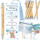 50 Sets Baby Shower Favors for Guests Includes 50 Baby Shower Ballpoint Pens, 50 Thank You Bookmarks, 50 Organza Bags for Gender Reveal Gifts, Guest Prizes (Bear, Blue)