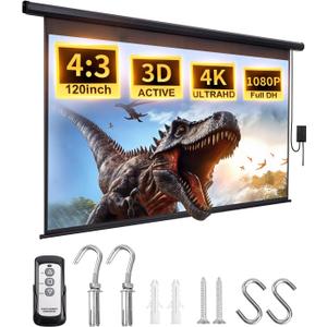 Motorized Projector Screen Pull Down 120 Inch Automatic Projector Screen with Remote Control and Ceiling Mount Hooks, Electric Projection Screen Retractable Black Movie Screen 4:3 Outdoor Indoor