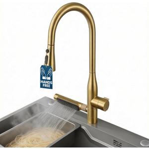 STiLWERK Waterfall Kitchen Faucet with Pull-Down Sprayer, 3 Flow Modes (Sweep/Stream/Waterfall), 360 Swivel, Stainless Steel Sink Faucet for Farmhouse, Camper, Bar, Laundry, Rv, Brushed Gold