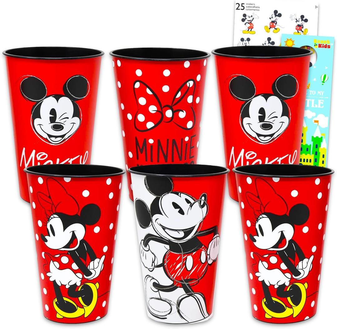 Mickey and Minnie Reusable Tumbler Cup Pack - Disney Party Favor 6 Piece Bundle with 24 Oz Cups Plus Stickers, More | Bulk Mickey and Minnie Mouse Water Tumblers