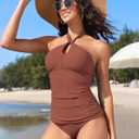 ZAFUL Women's Tankini Swimsuits Cut Out Crisscross Tankini Top with High Waisted Bottom Tummy Control Bathing Suit (Brown, S)