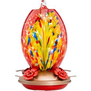 Muse Garden Glass Humming Bird Feeders for Outdoors - 27OZ Blown Glass Hummingbird Feeder - Unique Gift Mom Bird Lovers Women, Outdoors Hanging Garden Decor, Includes Ant Moat & Brush, Red Phoenix