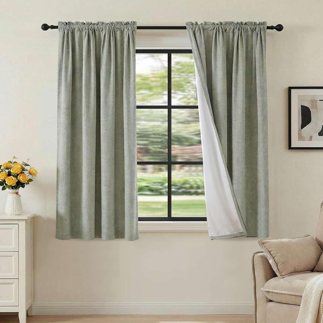 H.VERSAILTEX Linen Look 100% Blackout Curtains 45 Inches Long for Bedroom Full Light Blocking Rod Pocket 42 Inches Wide Linen Textured Thick Window Curtain Drapes with White Backing, Sage, 2 Panels